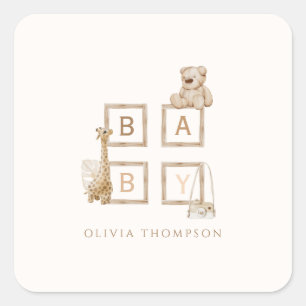 Boho Neutral Wood Block Letters Baby Square Sticker