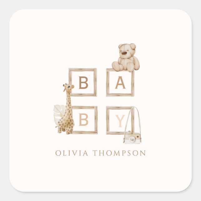 Boho Neutral Wood Block Letters Baby  Square Sticker (Front)