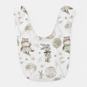 Boho Neutrals Baby Bib with Hippos & Bunnies