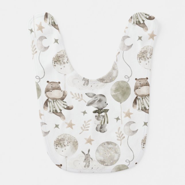 Boho Neutrals Baby Bib with Hippos & Bunnies (Front)