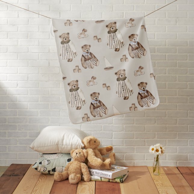 Boho Neutrals Baby Blanket with Baby Bears (In Situ)