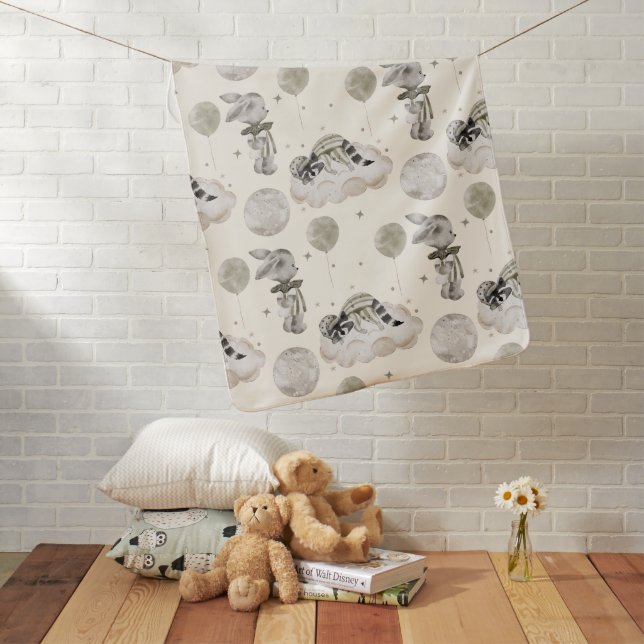 Boho Neutrals Baby Blanket with Baby Raccoons (In Situ)