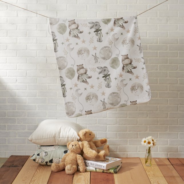 Boho Neutrals Baby Blanket with Hippos & Bunnies (In Situ)