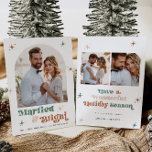 Boho Newlywed Christmas Card Photo Couples Card<br><div class="desc">This newlywed holiday card features a stylish arched design, a muted sage green, terracotta and beige retro font and boho stars. There is space for one photo on the front and two on the reverse side. It is perfect for a modern holiday greeting and you can pair it with anything...</div>
