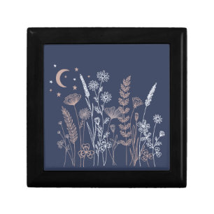 Boho Night Sky Floral Illustration – Moon, Stars & Gift Box