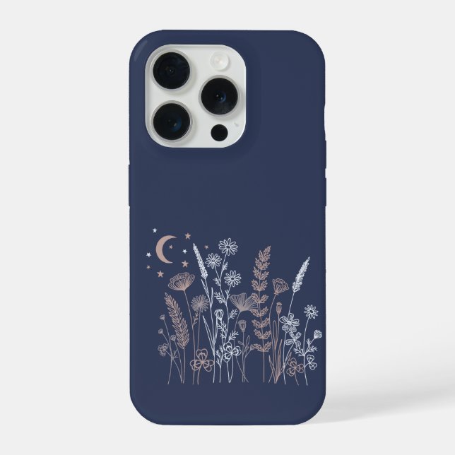 Boho Night Sky Floral Illustration – Moon, Stars & iPhone Case (Back)