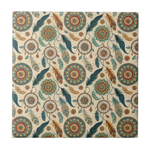 Boho Nomadic Dream Catcher & Feathers Mandala Art Ceramic Tile