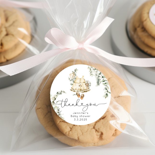 Boho nursery baby girl outfit thank you classic round sticker (Creator Uploaded)