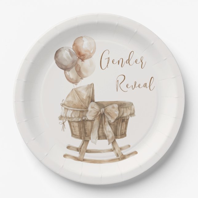 Boho Nursery Beige Balloons Gender Reveal Paper Plates (Front)