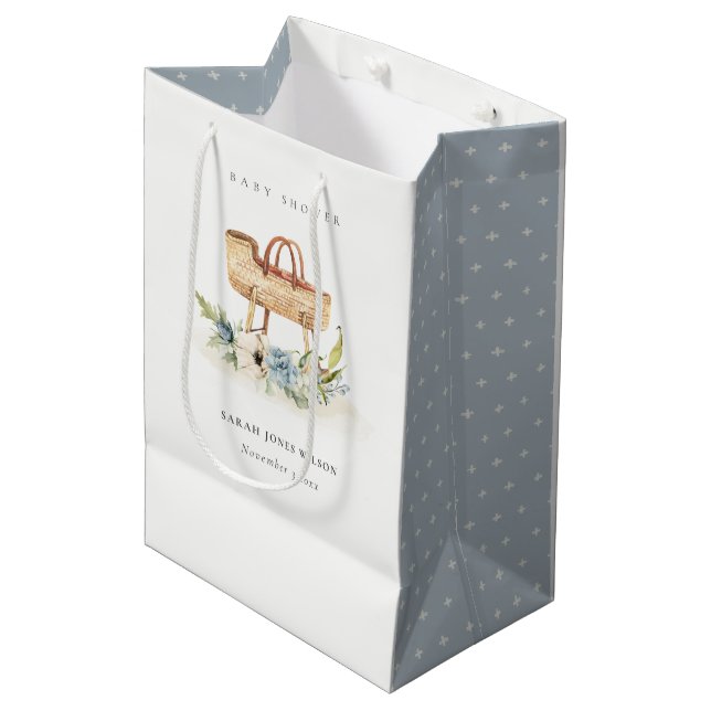 Boho Nursery Blue Floral Bassinet Baby Shower Medium Gift Bag (Front Angled)