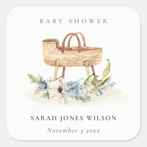 Boho Nursery Blue Floral Bassinet Baby Shower Square Sticker