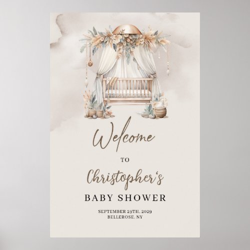 Boho nursery crib pampas earth Baby Shower Welcome Poster