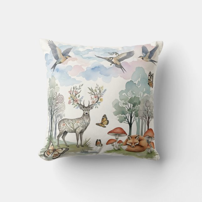 Boho Nursery Decor Deer and Fox Forest Scene Throw Pillow (Front)