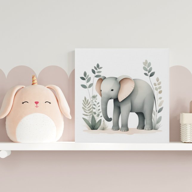 Boho Nursery Elephant with Botanicals Faux Canvas Print (Creator Uploaded)
