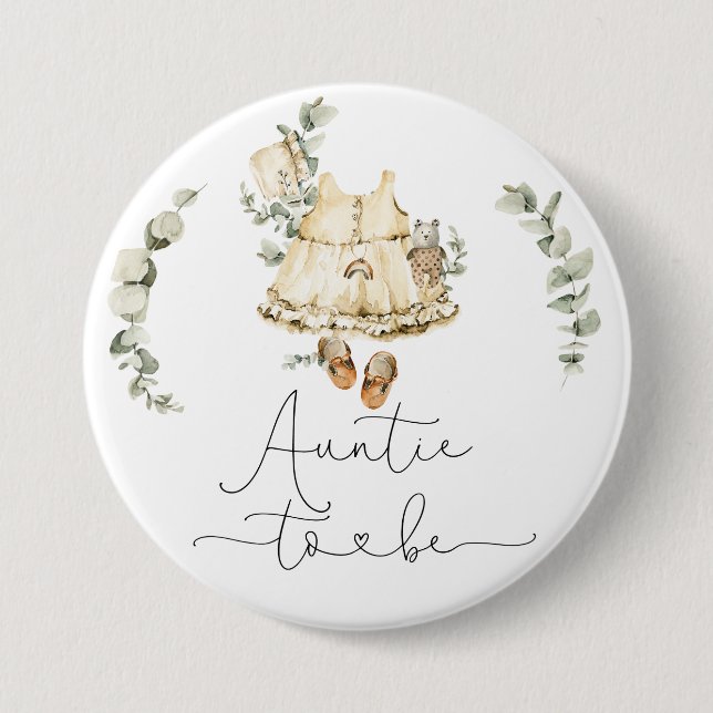Boho nursery eucalyptus girl shower Auntie to be Button (Front)