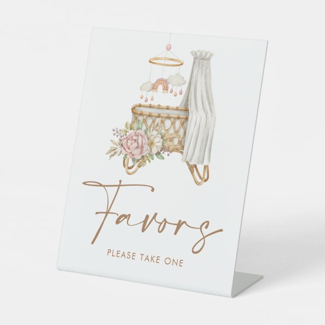Boho Nursery Floral Bassinet Baby Shower Favors Pedestal Sign (Front)