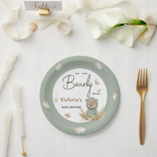 Boho Nursery Green Teddy Bear Baby Shower Paper Plates