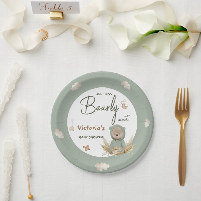 Boho Nursery Green Teddy Bear Baby Shower  Paper Plates (Wedding)