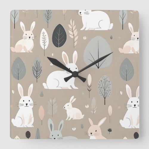 Boho Nursery Minimalist Bunny Rabbits Brown Square Wall Clock