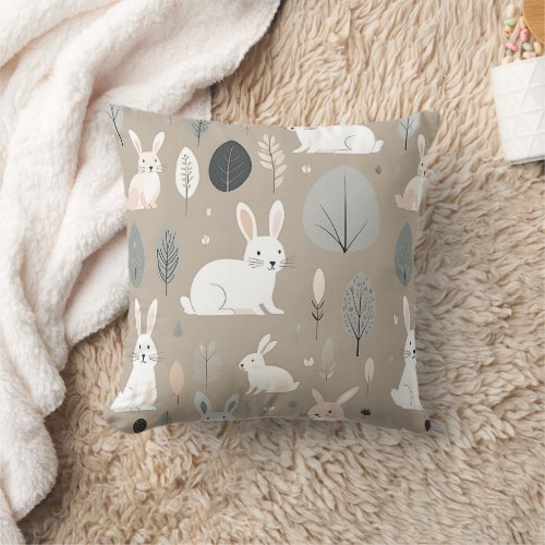 Boho Nursery Minimalist Bunny Rabbits Brown Throw Pillow