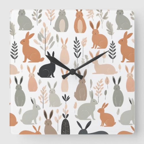 Boho Nursery Minimalist Bunny Rabbits Square Wall Clock
