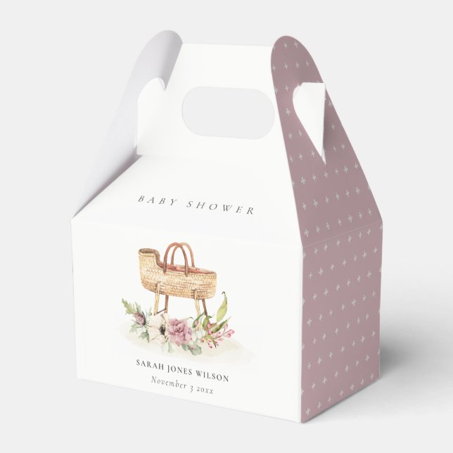 Boho Nursery Pink Floral Bassinet Baby Shower Favor Boxes (Front Side)