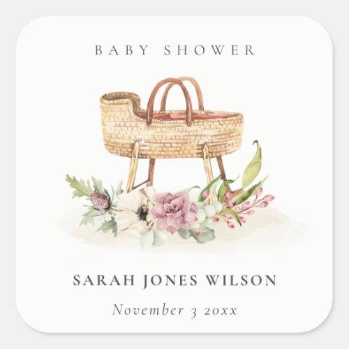 Boho Nursery Pink Floral Bassinet Baby Shower Square Sticker