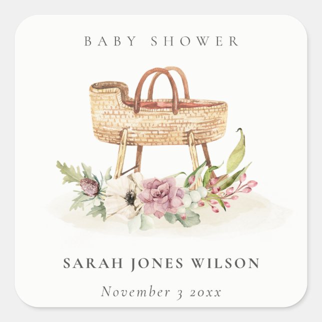 Boho Nursery Pink Floral Bassinet Baby Shower Square Sticker (Front)