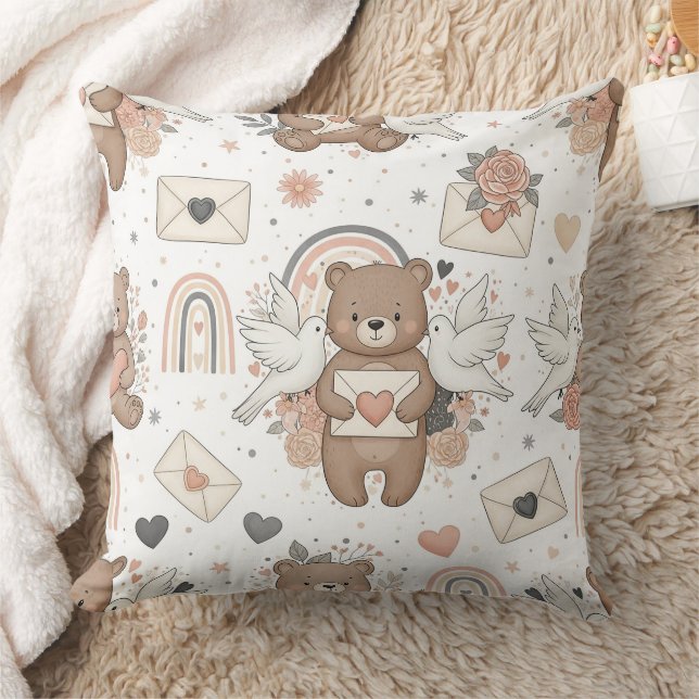 Boho Nursery Teddy Bears with Rainbows -Earthy (2) Throw Pillow (Blanket)