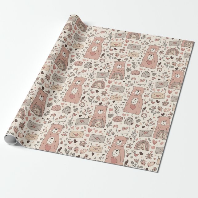 Boho Nursery Teddy Bears with Rainbows -Earthy (3) Wrapping Paper (Unrolled)