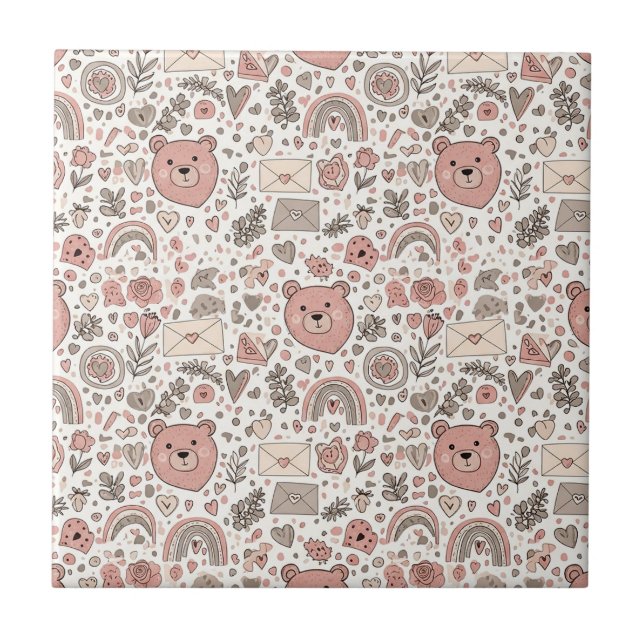 Boho Nursery Teddy Bears with Rainbows -Earthy (4) Ceramic Tile (Front)