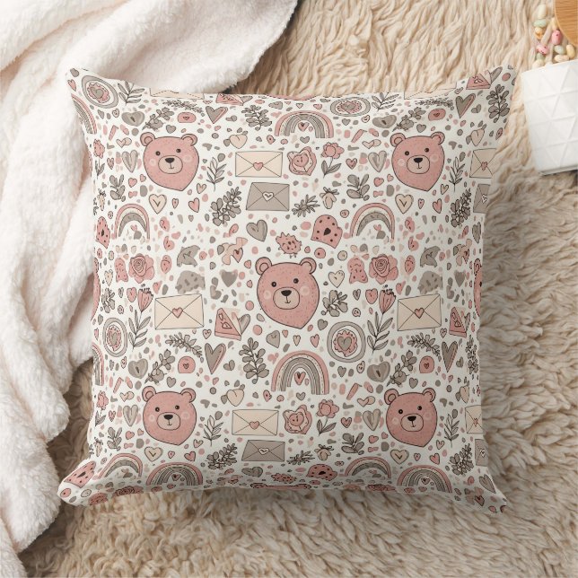 Boho Nursery Teddy Bears with Rainbows -Earthy (4) Throw Pillow (Blanket)