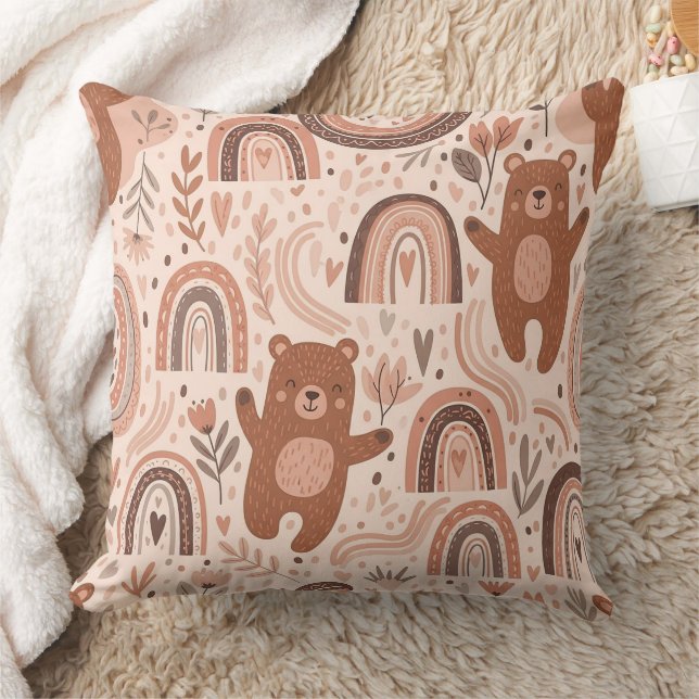 Boho Nursery Teddy Bears with Rainbows -Earthy (5) Throw Pillow (Blanket)