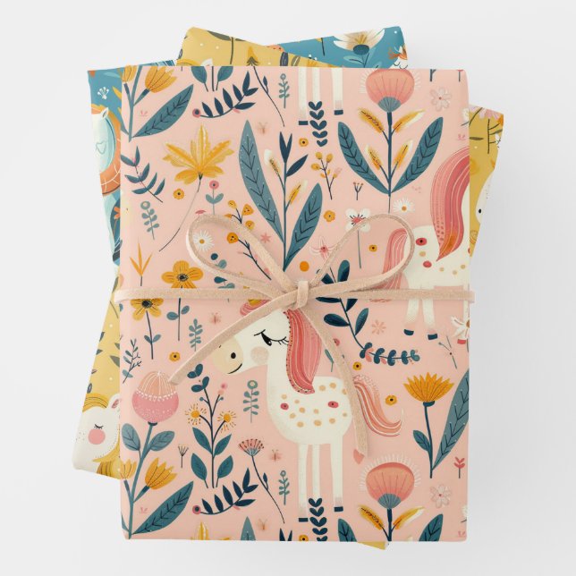 Boho nursery unicorns, baby shower gift wrapping paper sheets (In situ)