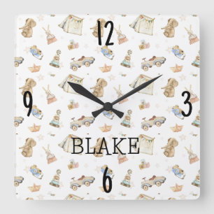 Boho Nursery Watercolor Vintage Toys 10.75-in Square Wall Clock