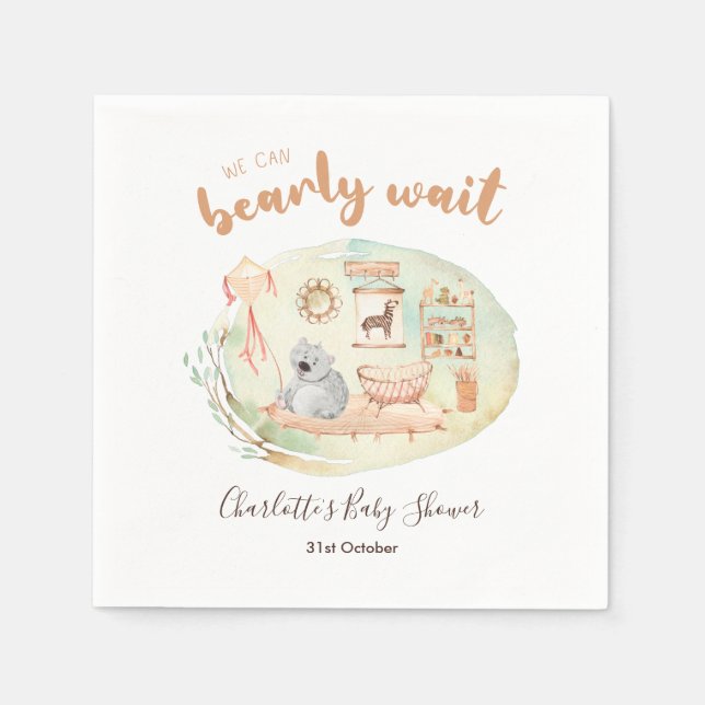 Boho Nursery We Can Bearly Wait Baby Shower Napkin (Front)