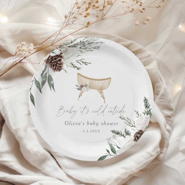 Boho nursery winter evergreen baby shower paper plates (Creator Uploaded)
