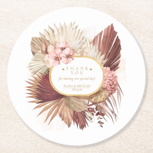 Boho Oasis Wedding Floral Thank You V2 ID959 Round Paper Coaster