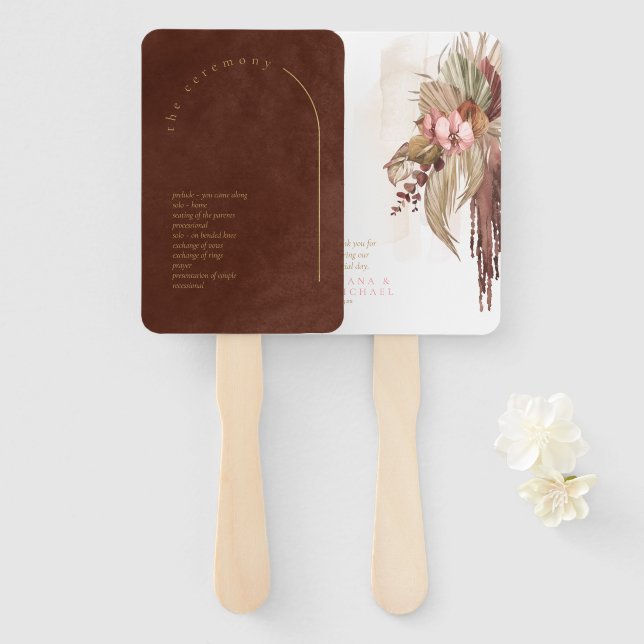 Boho Oasis Wedding Program Burnt Umber ID959 Hand Fan (Front and Back)