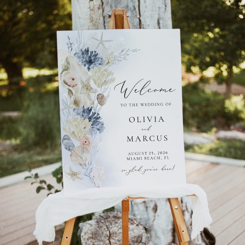 Boho Ocean Beach Blue Elegant Wedding Welcome Sign