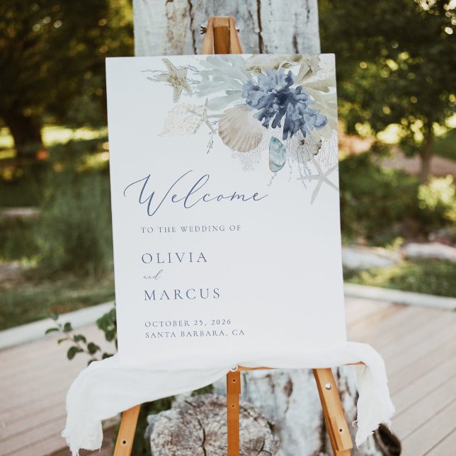 Boho Ocean Beach Blue Elegant Wedding Welcome Sign (Creator Uploaded)