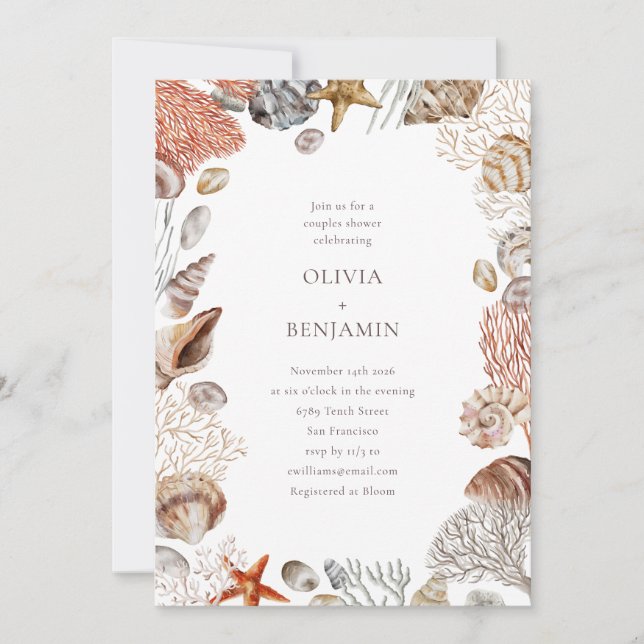 Boho Ocean Seashells Coral Beach Couples Shower Invitation (Front)