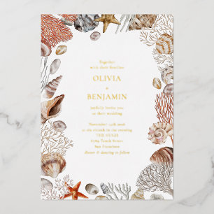 Boho Ocean Seashells Coral Beach Unique Wedding Foil Invitation