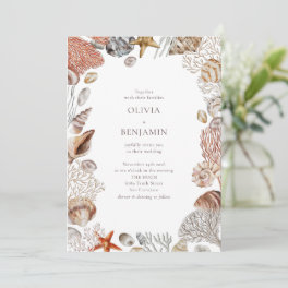 Boho Ocean Seashells Coral Beach Unique Wedding Invitation