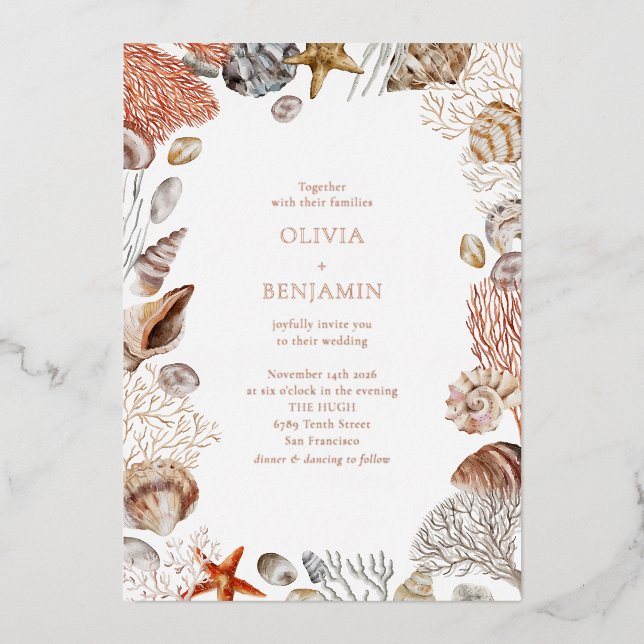 Boho Ocean Seashells Coral Beach Wedding Rose Gold Foil Invitation (Front)