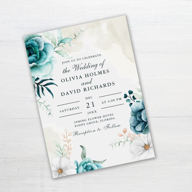 Boho Off-White Teal Wildflowers Wedding Invitation (Teal and Off-white Wildflowers Wedding Invitation on gray wooden table.)