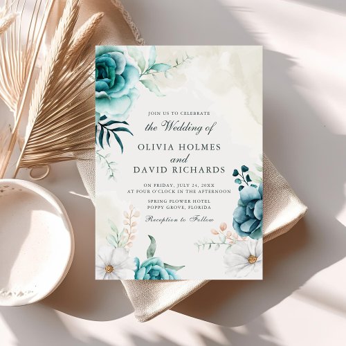 Boho Off_White Teal Wildflowers Wedding Invite