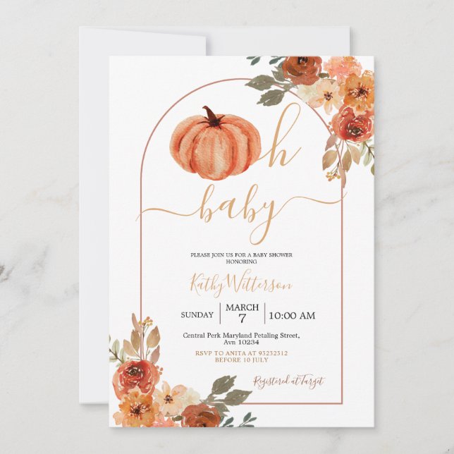 Boho Oh Baby Arch Pumpkin Wildflower Baby Shower Invitation (Front)