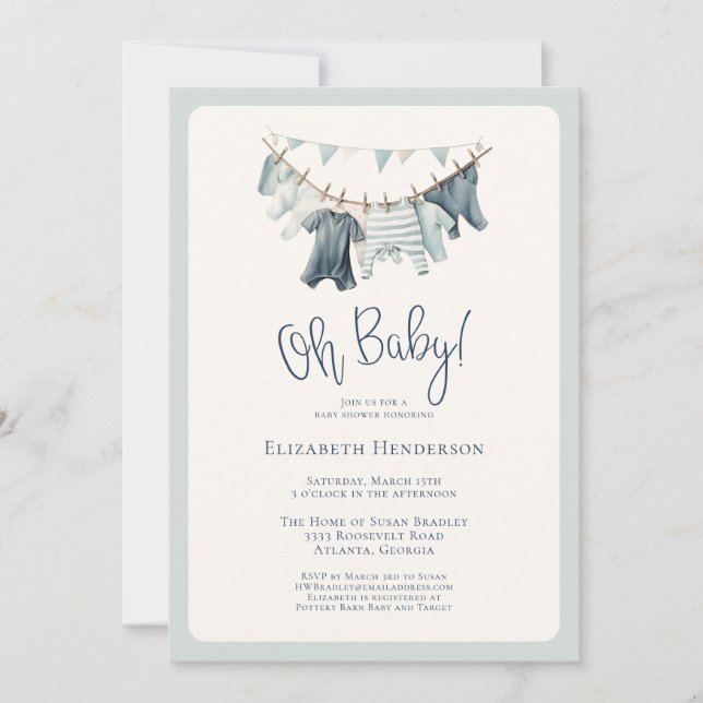 Boho Oh Baby Boy Clothes Clothesline Baby Shower Invitation (Front)