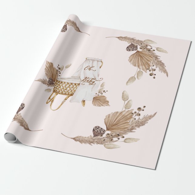 Boho Oh Baby Brown and Pink Bassinet  Wrapping Paper (Unrolled)